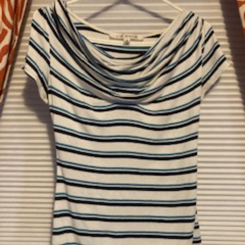 Max Studio Striped short sleeve, fitted T shirt, gathered in front, size Small